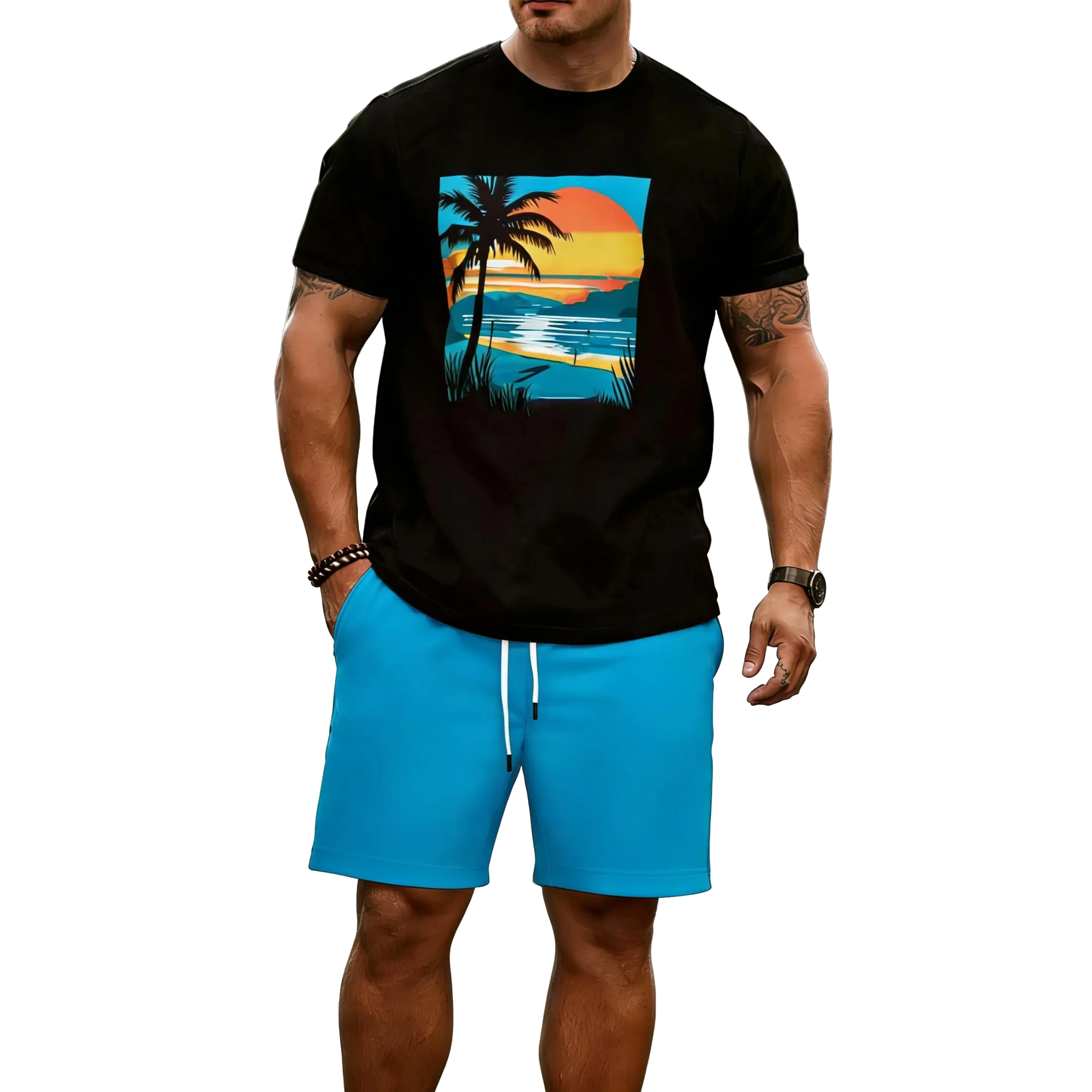 Men's tropical beach print T-shirt set, regular fit, casual sporty design, suitable for casual wear, spring and summer collection. Clothes Round Neck Menswear Gamis