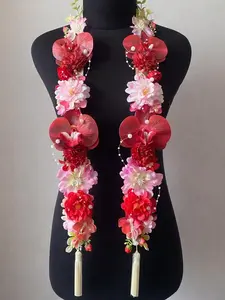 Custom Handmade Red Orchid Floral Mix Pearl Graduation Stole, Ribbon & Fabric Flower Lei, Custom Grad Sash, Unique Graduation Gift