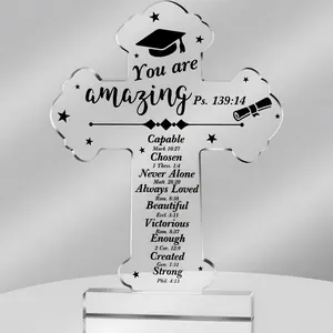Graduation Christian Gift Acrylic Plaque Sign, Cross Shape Desk Decor, Bible Verse, Classroom & Home Decor, Mini Stuff for Bedroom & Table