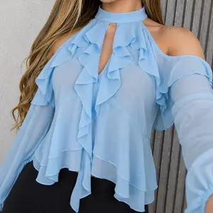 L71-34 Elegant Ruffle Chiffon Blouse – Off Shoulder Stretch Fit (S/M/L)
