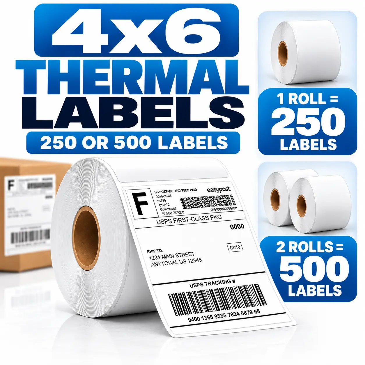 4x6 Thermal Shipping Labels Rolls – Direct Thermal Printer Labels, Self-Adhesive, Perforated, BPA-Free, 250 or 500 Labels