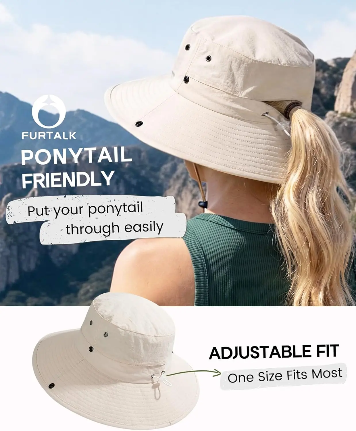 FURTALK Sun Hats for Women with Ponytail Hole Wide Brim Beach Bucket Hat UPF 50+ Fishing Hiking Outdoor Hats