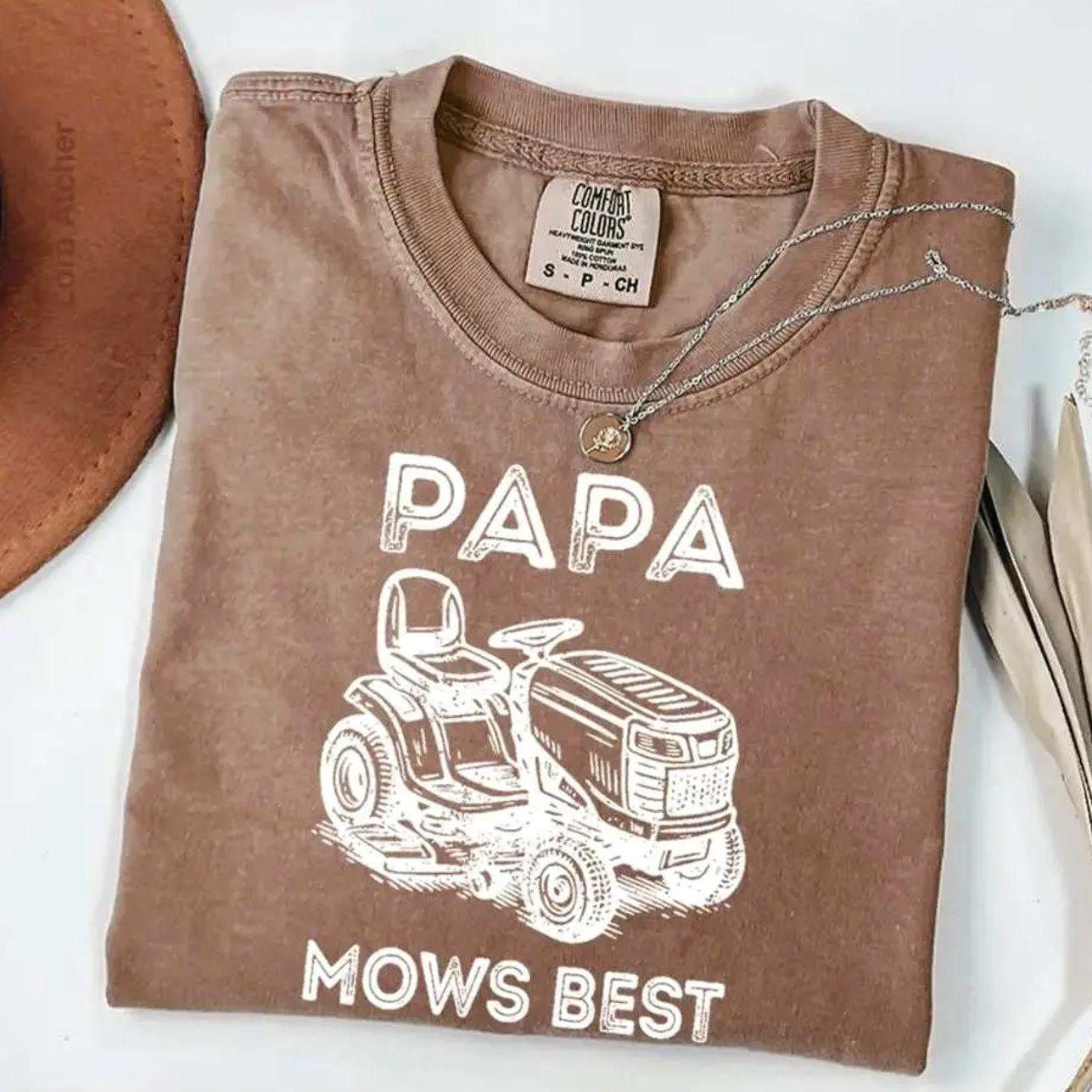 Comfort Colors Papa Mows Best T-Shirt, Funny Dad Shirt, Vintage Lawn Mower Graphic Tee, Comfort Colors Graphic Tee, Casual Outfit, Vintage Wash Shirt, Oversized Women’s Outfit, Apr 5