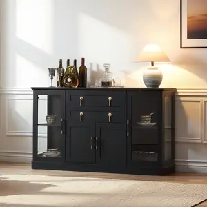 Modern Sideboard with Glass Doors,58.27‘’ Large Buffet Cabinet with Drawers and Adjustable Shelves, Sideboard Cabinet with Storage for Kitchen
