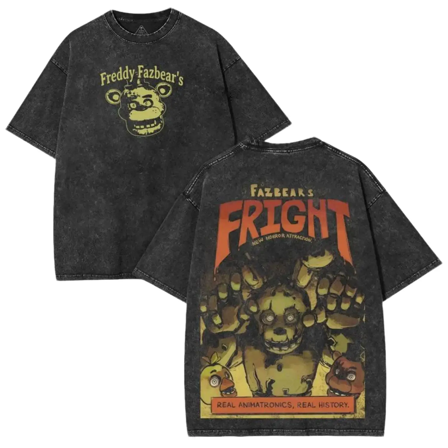 Freddy Fazbear’s x 5 Nights at Freddy’s – Washed Horrorcore Tee with Glitched Mascot Back Art & Oversized Nightshift Fit Cotton Menswear Casual Classic