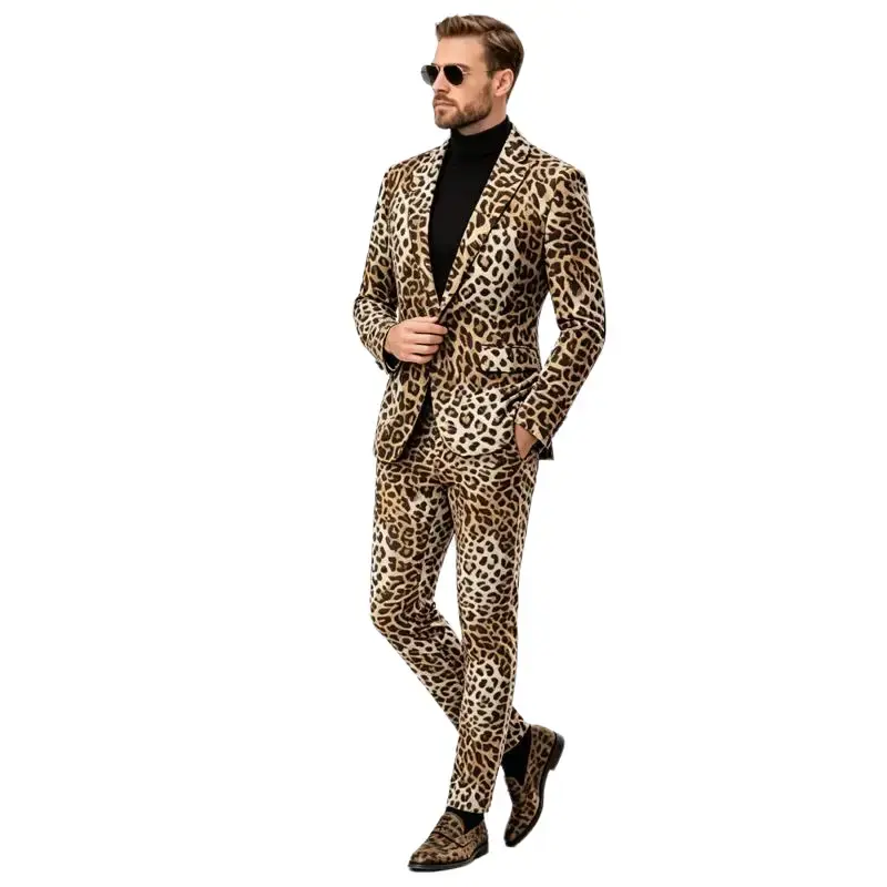 Men's Slim Fitted Leopard Print 2-Piece Tuxedo Suit - Long Sleeve Button Jacket, V-Neck, Dress Trouser, Free Bow Tie, Designer Pattern, Dramatic Party Wear, Evening Festive Outfit, Flattering Separates for Weddings, Prom