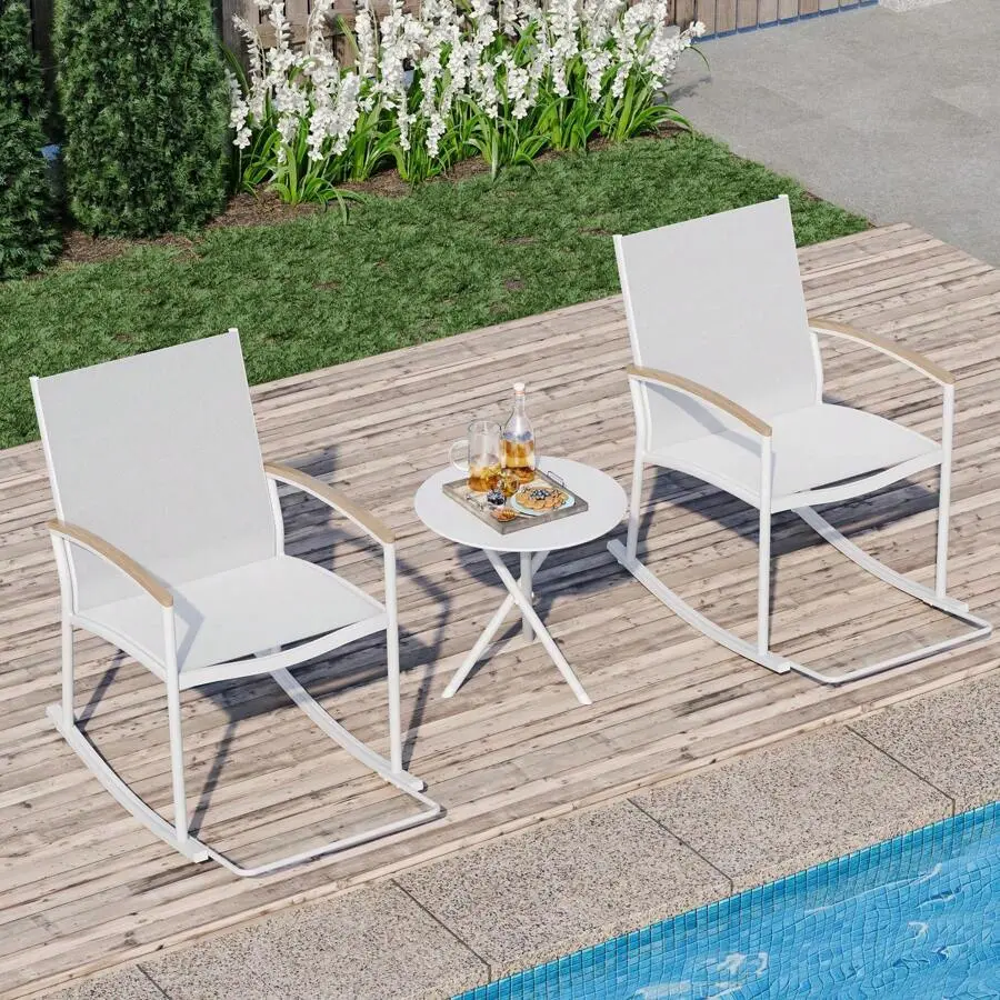 3 Pieces Patio Set Outdoor Patio Furniture Sets, Modern Rocking Bistro Set Textilene Chair Conversation Sets With Detachable Pedal And Coffee Table