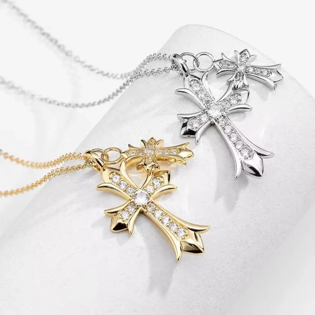 Beautiful Platinum and Gold Plated Double Cross Necklace - Fancy Designer Design with Elegant Style couples hug