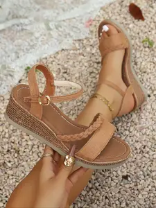 Women's 2026 Summer Vacation Essential Braided Strap Espadrille Wedge Sandals, Open Toe Ankle Buckle Footwear for Beach, Poolside & Casual Summer Days