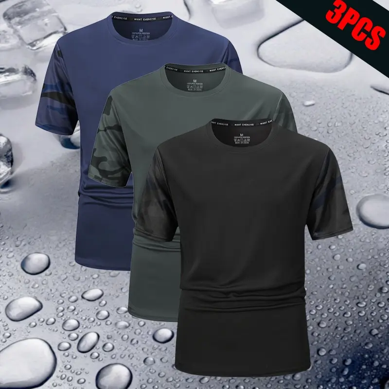 Men's Quick Dry Short Sleeve T Shirt Set 3PCS Sports Casual Camouflage Patchwork Ice Breathable Skin Friendly Comfort for Daily Commuting Sports Fitness