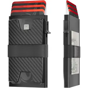 Mens Wallet Card Holder - Metal Pop Up Card Case, Real Carbon Fiber, , Minimalist, RFID Blocking, Slim, Thin, Front Pocket - Holds up to 12 Cards and 10 Bills