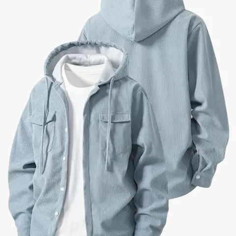 Vintage hooded corduroy shirt jacket for men, turn down collar, button closure, long sleeves, cargo pockets, loose lightweight streetwear casual jacket