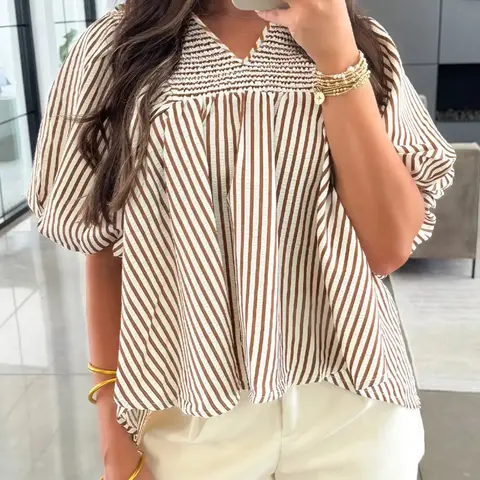 Summer Casual Striped Ruched V-Neck Short Bubble Sleeve Fitted Shirt Blouses, Womenswear, Women's Fashion Top, Comfortable and Stylish, Perfect for Daily Wear, Casual Comfy Shirt