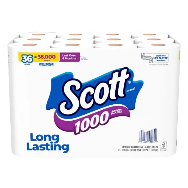 1000 Sheets Per Roll Toilet Paper, 36 Rolls, 1-Ply Bath Tissue, Septic Safe, Unscented, Clog-Free