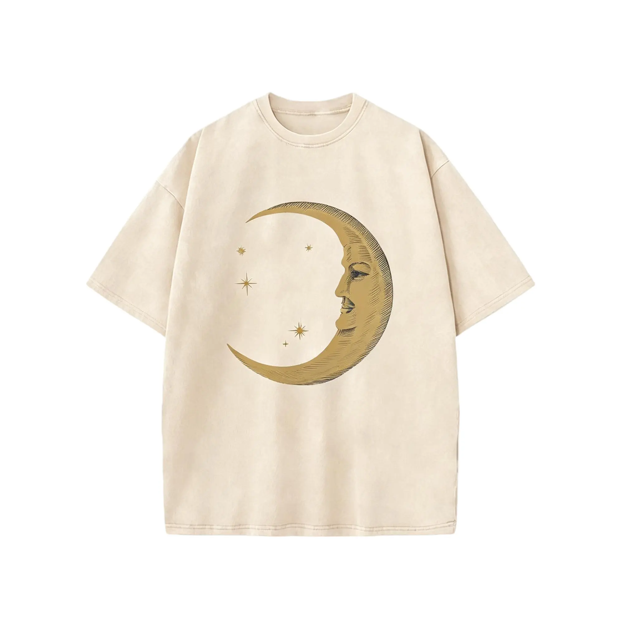 230g Washed, Moon And Stars Accompanied By Printed T-Shirts, High-Quality Batik Cotton Vintage Fashion Brand T-Shirts, Beach Essential, Men's Summer T-Shirts, Holiday Gifts, Perfect Gifts.