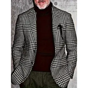 1pc Men'S Classic Houndstooth Blazer - Casual Polyester Suit Jacket with Lapel Collar, Button Details, Woven Fabric, Non-Stretch - Regular Fit for Spring/Fall Season Menswear Long Sleeve Formal Wetsuit Beige Grey Plain