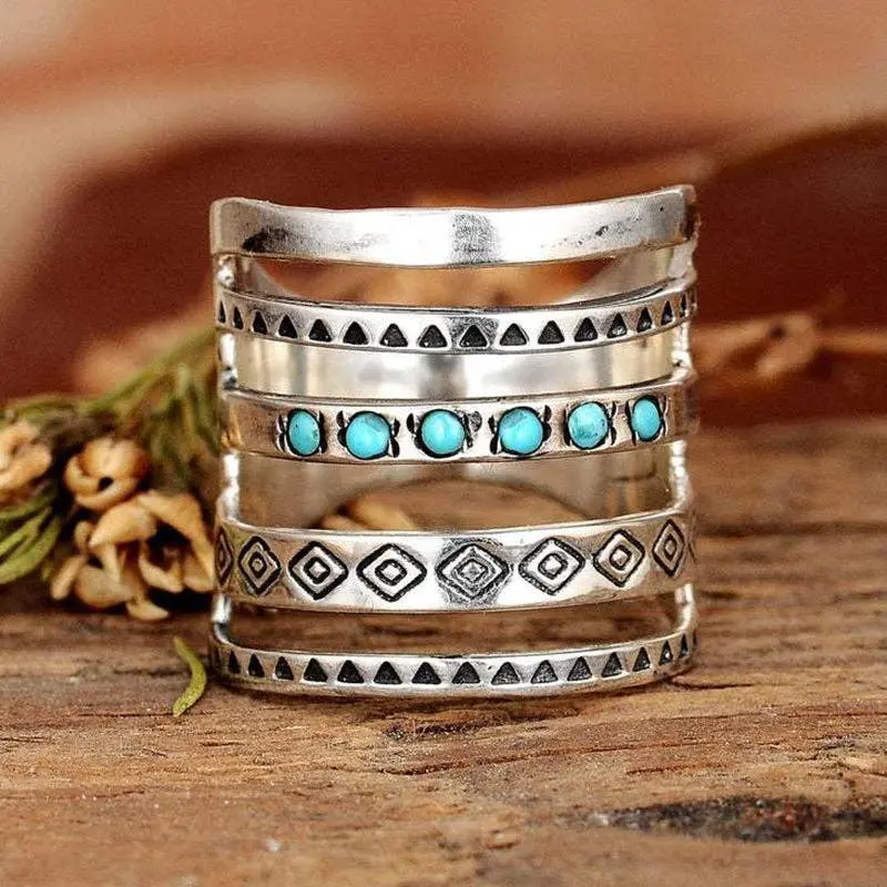 Bohemian Carved Stacked Ring, Hollow-Out Turquoise Centerpiece, Affordable Prices Everyday Fashion Costume Jewelry Accessory, Turquoise Accent Rings, Everyday Use, Stacked Band, Alternative Artistic Rings