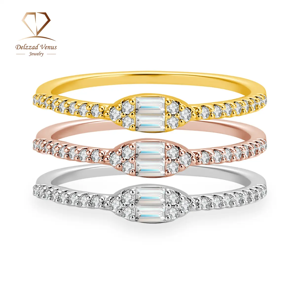 Delzzad Layered Memories Tri-Color Radiance Stackable Ring, VVS Synthetic Moissanite Copper Band, Engagement Rings for Wedding Birthday Valentine's Day Gift