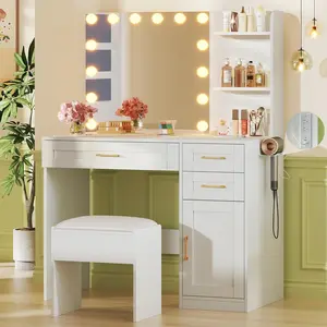 Vanity Desk with LED Lighted Mirror & Charging Station, Makeup Vanity Set with 3 Drawers, Cabinet, Shelves & Cushioned Stool, Modern White Dressing Table for Bedroom