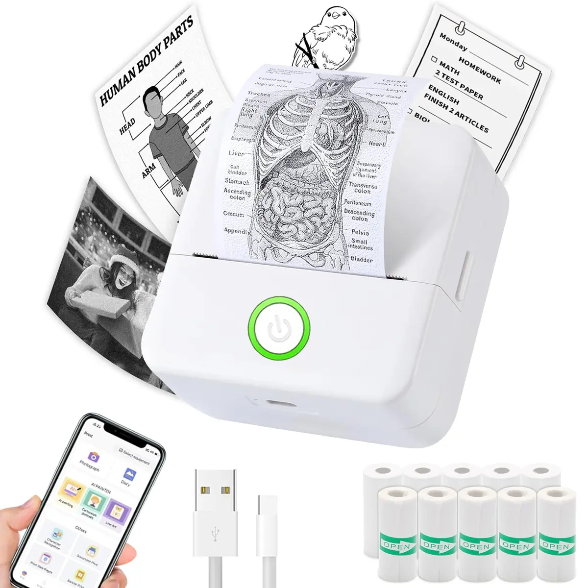 Mini Printer, Thermal Wireless Printer, Inkless Label Printer, Portable Thermal Inkless Sticker Maker,  Small Pocket Printer for Notes& Photo, Memo, Compatible with iOS&Android