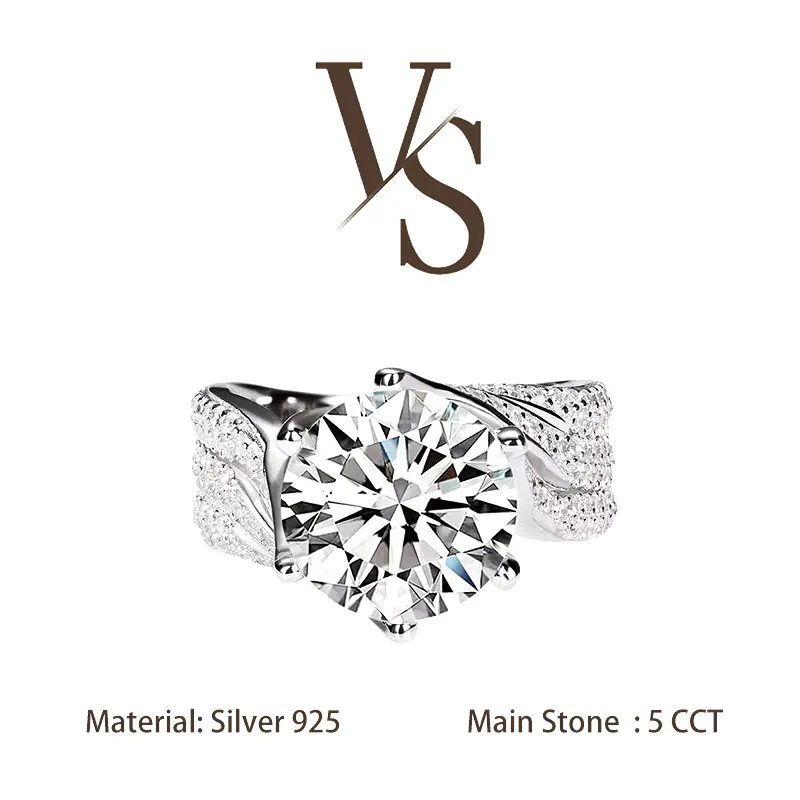 [Venus Jewelry] Synthetic Moissanite 5 CCT Round Cut Luxury Twist Band Solid Silver 925 Sterling Ring