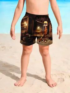 Kids Cartoon Sausage Dog Baseball Shorts, Fun Personalized Beach Pants, Drawstring Waist, Slim Fit, Knee Length, Casual Style