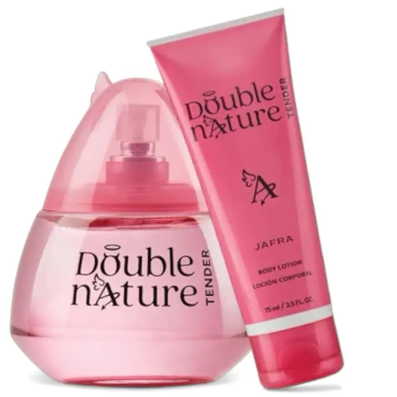 Jafra Double nature tender eau de toilette 3.3 fl oz + body lotion 2.5 fl oz for women glass bottle and box (watermelon,Cherry blossom ,musk )