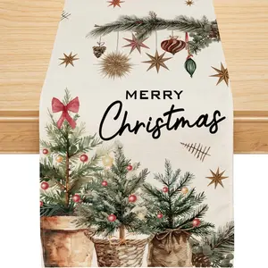 Christmas Table Runner, Xmas Trees Merry Christmas Runner for Table Holly Pine Cone Seasonal Winter  Year Holiday  Party Decor Festival Decorations 13x72 Inch