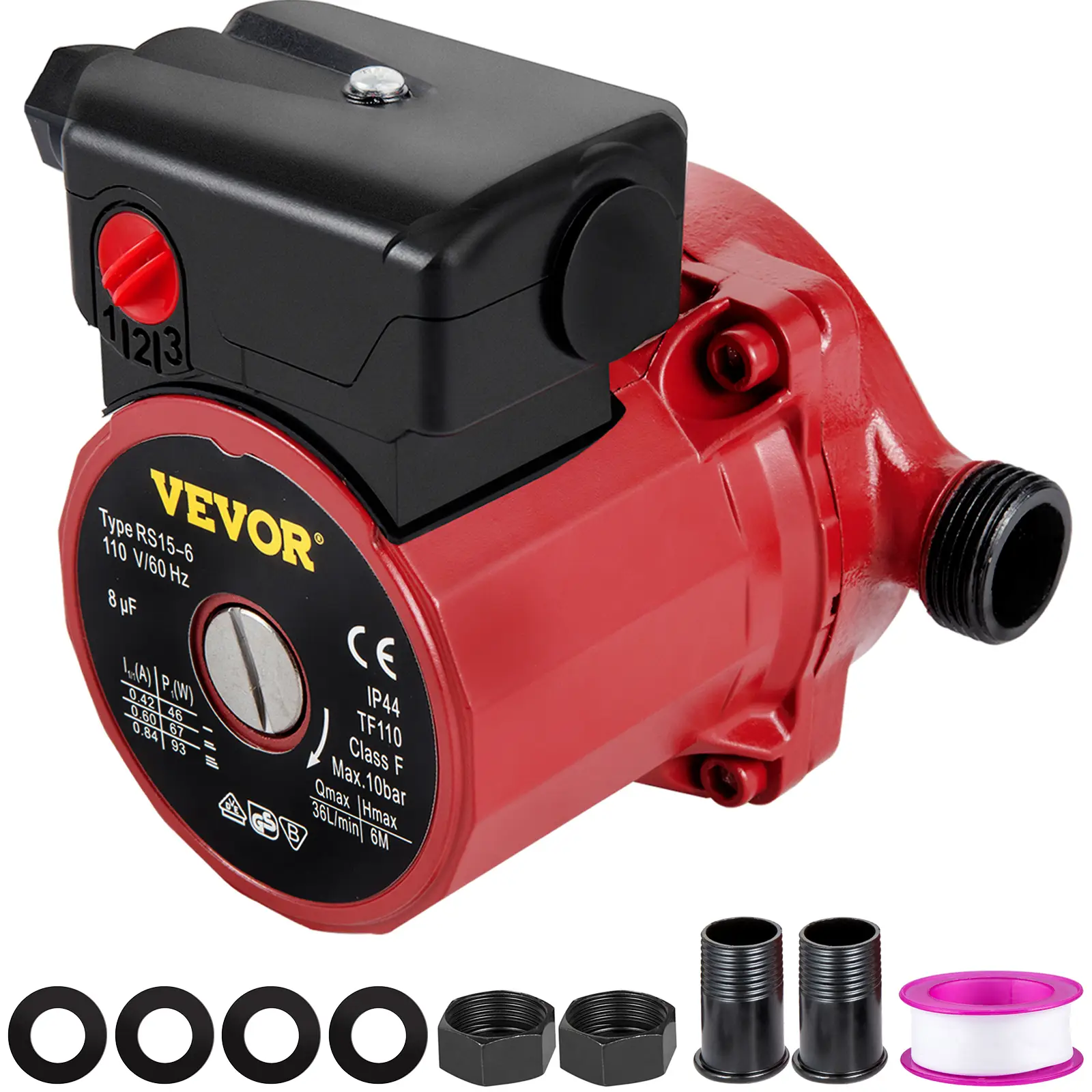 VEVOR Recirculating Pump, 93W 110V Water Circulator Circulating Pump NPT 3/4" with Brass Fittings, 3-speed Control Recirculation 9.5 GPM RS15-6 for El