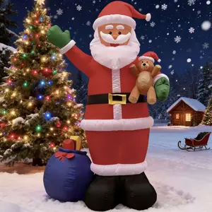 Inflatable Christmas Outdoor Decoration Santa Claus with Gift Bag & Bear, Holiday Lawn Garden Yard Home Decor, Festive Winter Seasonal Display