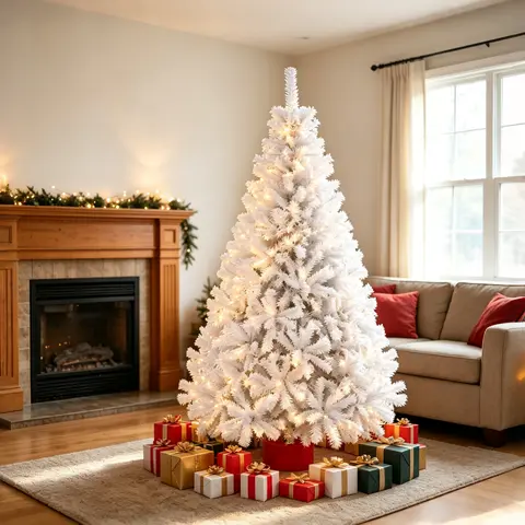 7ft-8ft White Flocked Artificial Christmas Tree (No Ornaments) - Premium PVC Fluffy Irregular Hinged Branches, Durable PVC & Metal Floor Mount Base with Steel Insert, Easy Install Festive Home Decor for Parties, Ceremonies, Party Decorations