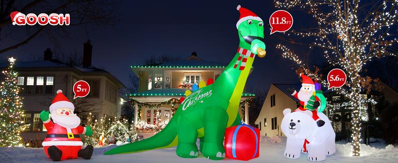 GOOSH 11.8 FT Christmas Inflatables Dinosaur Outdoor Decorations Blow Up Yard Giant Green Dinosaur and Red Gift Box with Built-in LEDs
