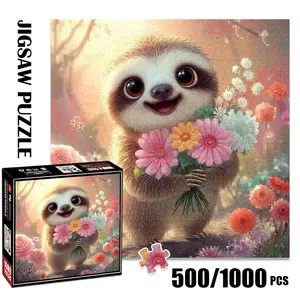 1pc 1000 piece adult puzzle 58x58cm Cute Sloth Holding a Bouquet of Flowers 500 pieces of paper puzzle, suitable for adults and families, large-scale DIY puzzle interactive toy games, birthday hol