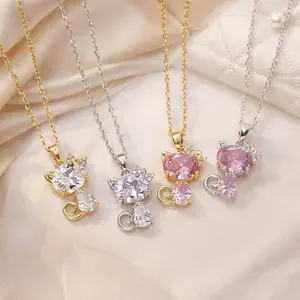 Stainless Steel Gold & Silver Dainty Zircon Cat Pendant Necklace for Women Gift for Her Girlfriend Elegant Jewelry