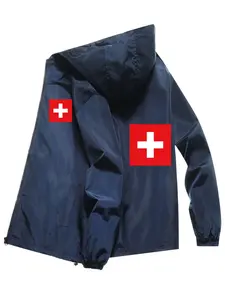 Men's Fashion Jacket with Swiss Flag Letter Print, Zipper Pockets, Casual Hooded Design, Polyester Material, Spring & Fall Wear