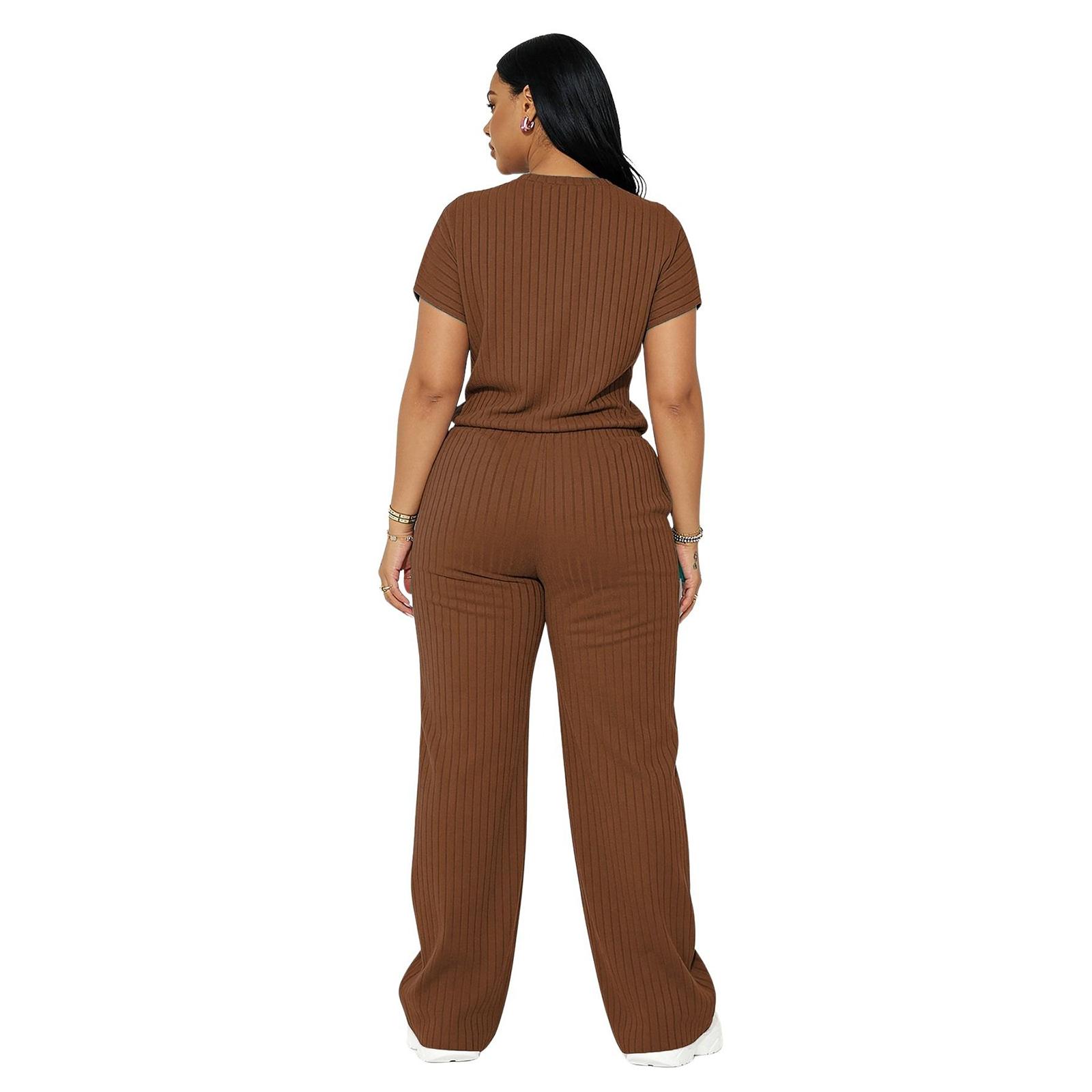 Women's Premium Ribbed Knit Co-ord Set for Spring & Summer – Short Sleeve Crew Neck Top & Straight Leg Trousers – Elegant Loungewear for Work from Home & Weekend Outings