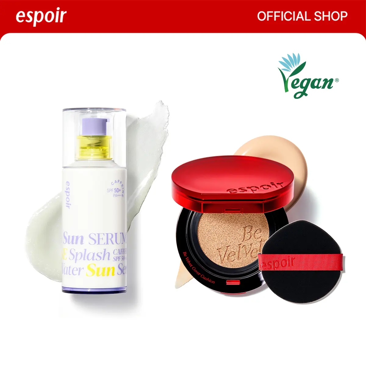 [Espoir Official][Bundle] Water Splash Sun Serum SPF 50+ & Be Velvet Cover Cushion Foundation | Hydrating Sunscreen Base & Full Coverage Cushion