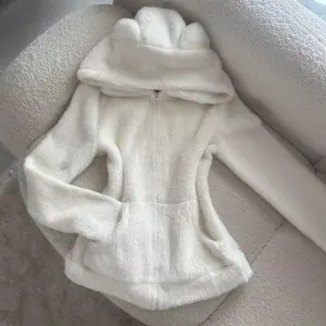 2025 Kawaii Plush Hoodie Women Bear Ear Zip Jacket Soft Warm Fleece Coat Korean Sweet Girl Winter Outerwear Cute Fashion Trend