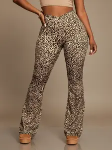 Women's High-Waisted Asymmetrical Leopard Print Pants, Stretchy Long Flare Trousers, Fashionable Casual Wear for Women
