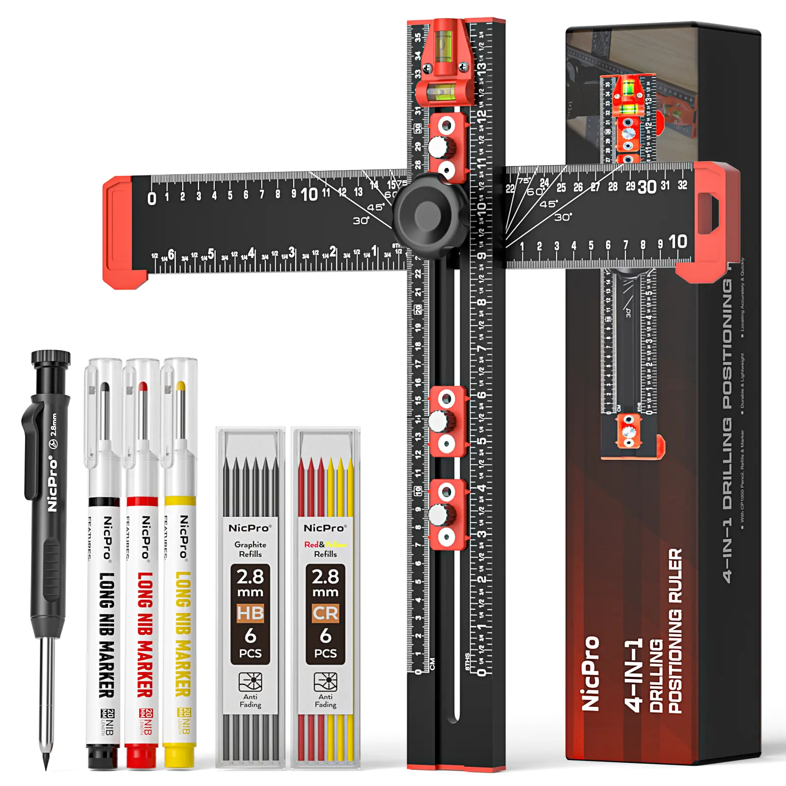 Nicpro 4-in-1 Drilling Positioning Scribing Tool - Adjustable Ruler with Carpenter Pencil, Multifunctional T Square Construction Tool for Woodworking Cabinet, Drawer Door Hole Drilling, Construction Tools