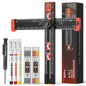 Nicpro 4-in-1 Drilling Positioning Scribing Ruler, Adjustable Multifunctional T Square Ruler with Carpenter Pencil, Carpenters Square Tools for Woodworking, Cabinet Drawer Door Hole Drilling Template