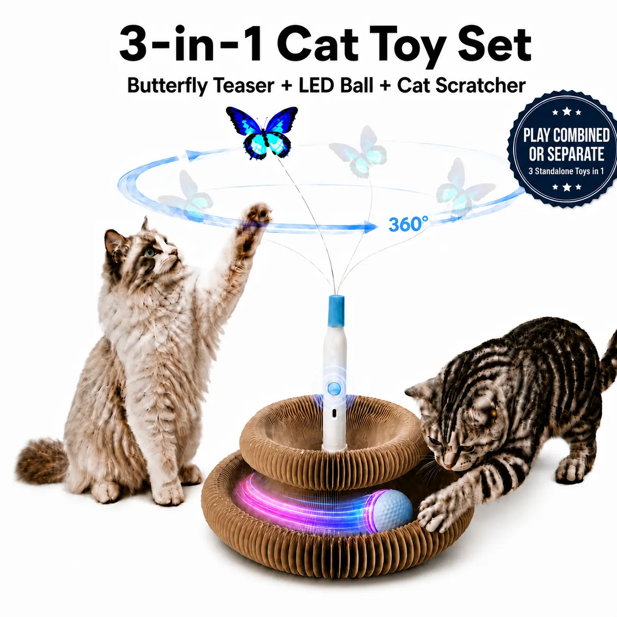 3-in-1 Interactive Cat Scratcher Toy Set with Electric Flying Butterfly & Light-Up Track Ball, Foldable Accordion Organ Board for Indoor Cats