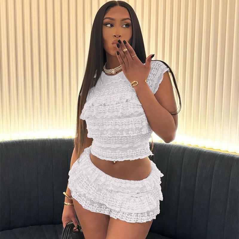 SERENZY-  Sexy Hollow Ruffle Crop Top Shorts Skirt Women Solid Elegant Slim Clothes 2 PieceS