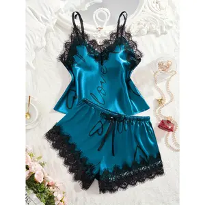 Lace Letter Print Pajamas Set | Spaghetti Strap Top with Bow Decor, Short Shorts, Elegant Sleeveless Design, Women'S Sleepwear & Loungewear for Spring/Summer/Fall，Casual Comfortable Loungewear Set For Women, Pyjamas for Women