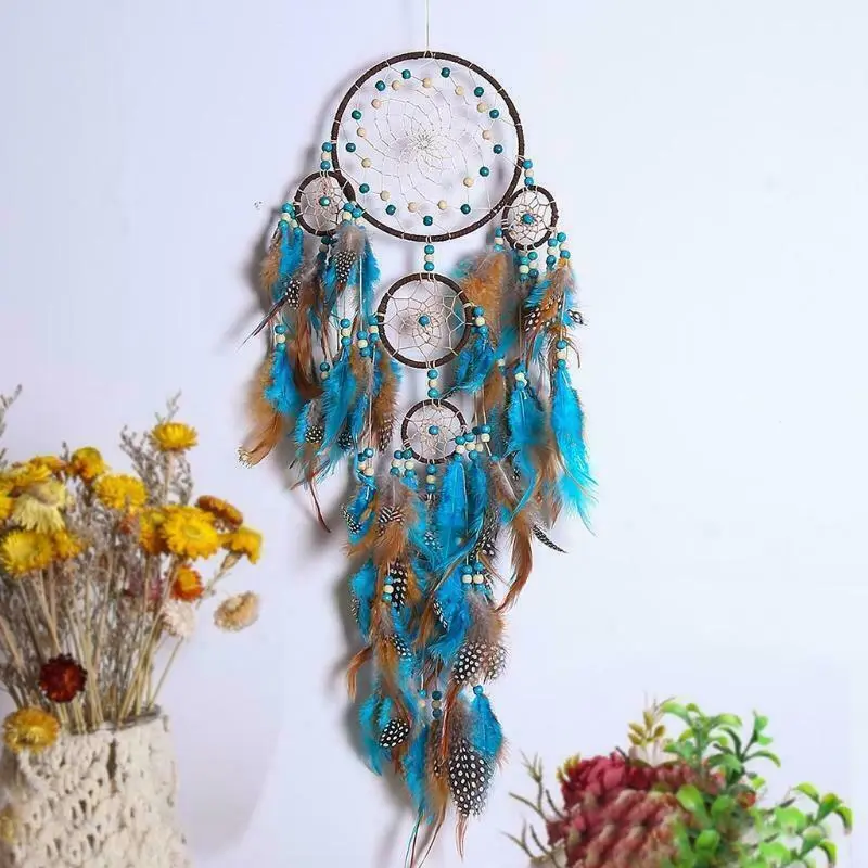 Dream Catcher with Feathers, Five Circles Shaped Dream Catcher Indians Traditional Net Wall Hanging Bedroom Home Car Decor (Blue) Hangable Ornaments