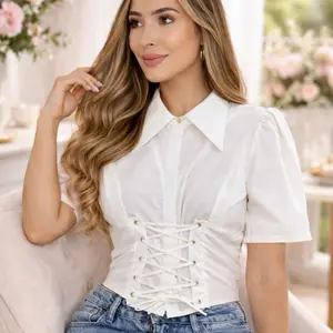 O77-49 Elegant White Corset Blouse – Puff Sleeve Lace-Up Waist Top | Chic & Feminine Statement Shirt
