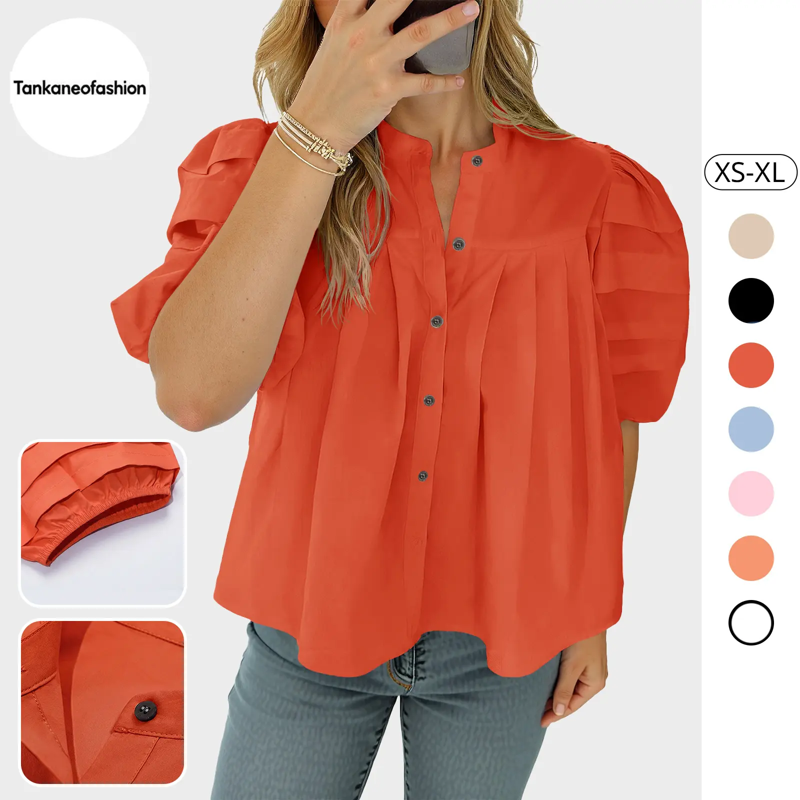 Tankaneo Womens Puff Short Sleeve Button Down Shirts Cotton Pleated Babydoll Blouses Trendy Casual Loose Fit Tops