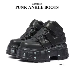 CYNLLIO Womens Ankle Boots Chunky Platform Heels Rounded Toe New Rock Punk Metal Style Bootie Hook and Loop Clouser Gothic Fashionable Music Festival Outing Party Spring Summer Motorcycle Ride Combat Boots Deals For You Days