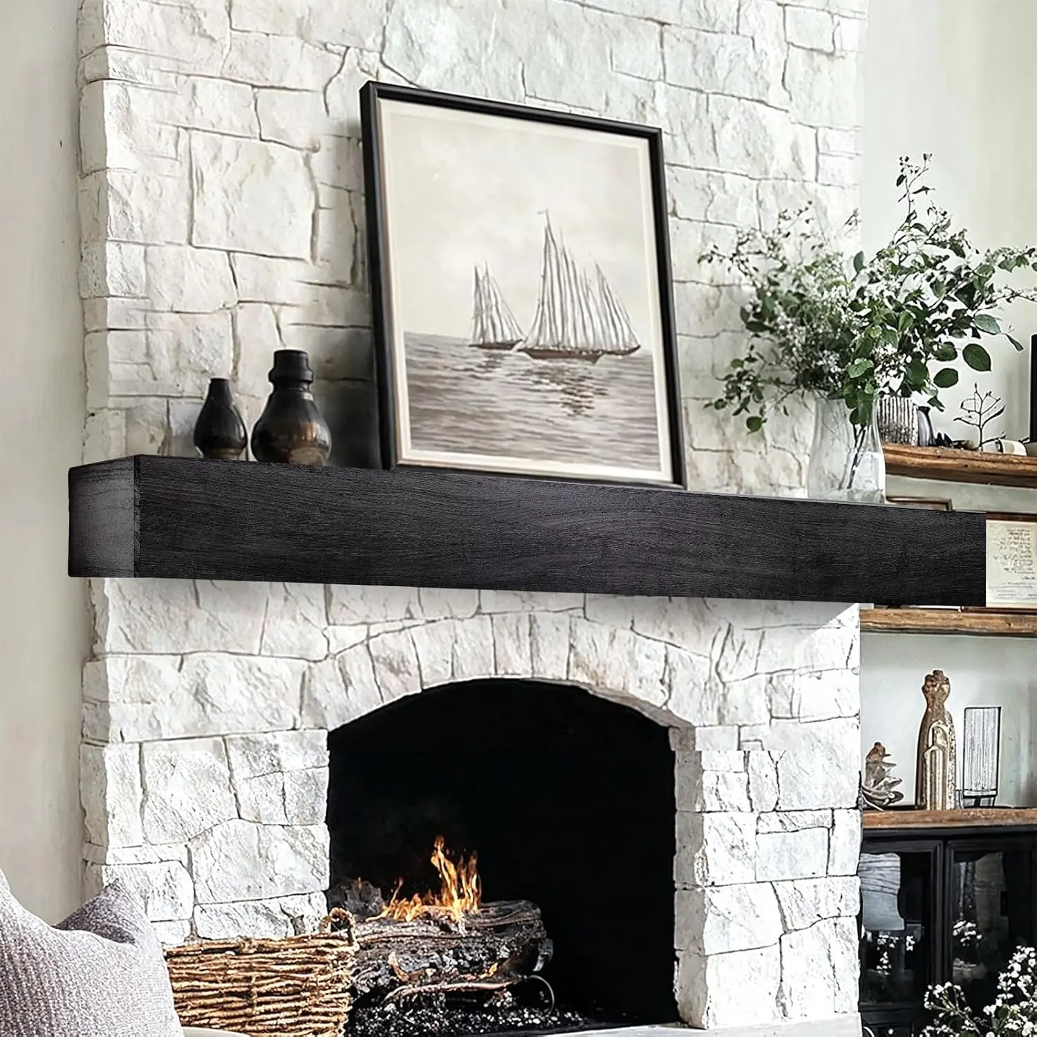Fireplace Mantel Shelf, 60×8×5 Inch Wooden Floating Shelf, Black | Handcrafted Wood Mantels, Wall-Mounted Mantel Shelves, Rustic Floating Mantels Shelves for Living Room