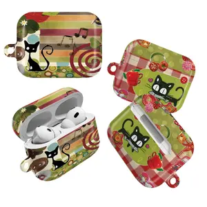 Whimsical Black Cat AirPods Case, Folk Art Collage Cover with Music Note & Teapot Patchwork Design Compatible With AirPods Pro 2, AirPods 3, AirPods Pro, AirPods 2/1, Cute Artistic Aesthetic Gift